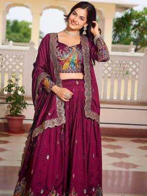 Magenta Vichitra silk lehenga choli set featuring heavy peacock embroidery and sequins work 4