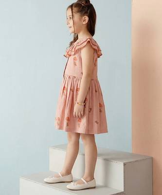 Peach printed ruffle collar cotton dress 2