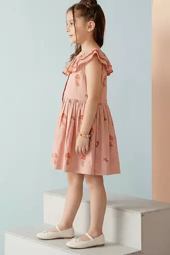 Peach printed ruffle collar cotton dress