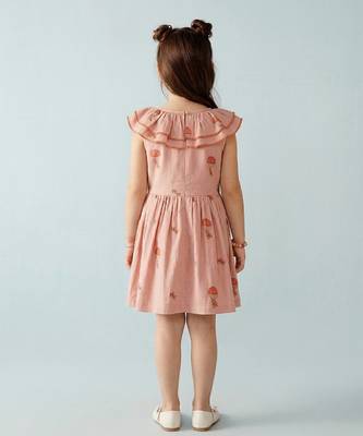 Peach printed ruffle collar cotton dress 3