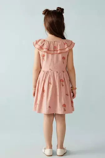 Peach printed ruffle collar cotton dress