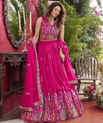 Hot Pink Pure Vichitra silk lehenga choli featuring heavy embroidered paisley motifs, sequence work 1