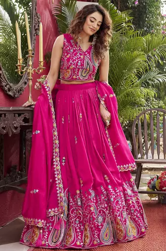 Hot Pink Pure Vichitra silk lehenga choli featuring heavy embroidered paisley motifs, sequence work