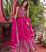 Hot Pink Pure Vichitra silk lehenga choli featuring heavy embroidered paisley motifs, sequence work