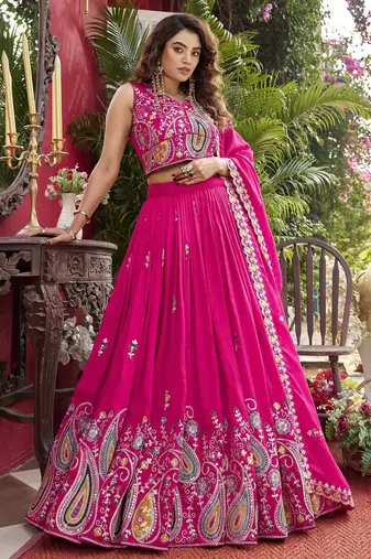 Hot Pink Pure Vichitra silk lehenga choli featuring heavy embroidered paisley motifs, sequence work