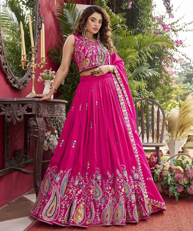 Hot Pink Pure Vichitra silk lehenga choli featuring heavy embroidered paisley motifs, sequence work