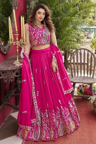 Hot Pink Pure Vichitra silk lehenga choli featuring heavy embroidered paisley motifs, sequence work