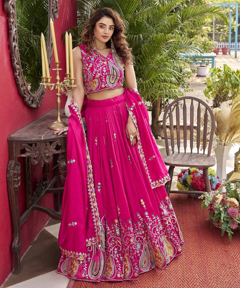Hot Pink Pure Vichitra silk lehenga choli featuring heavy embroidered paisley motifs, sequence work