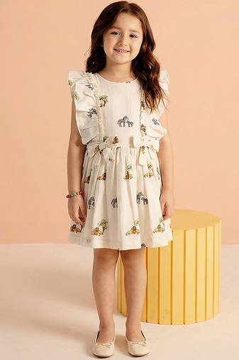 Off white lion safari printed cotton bow dress