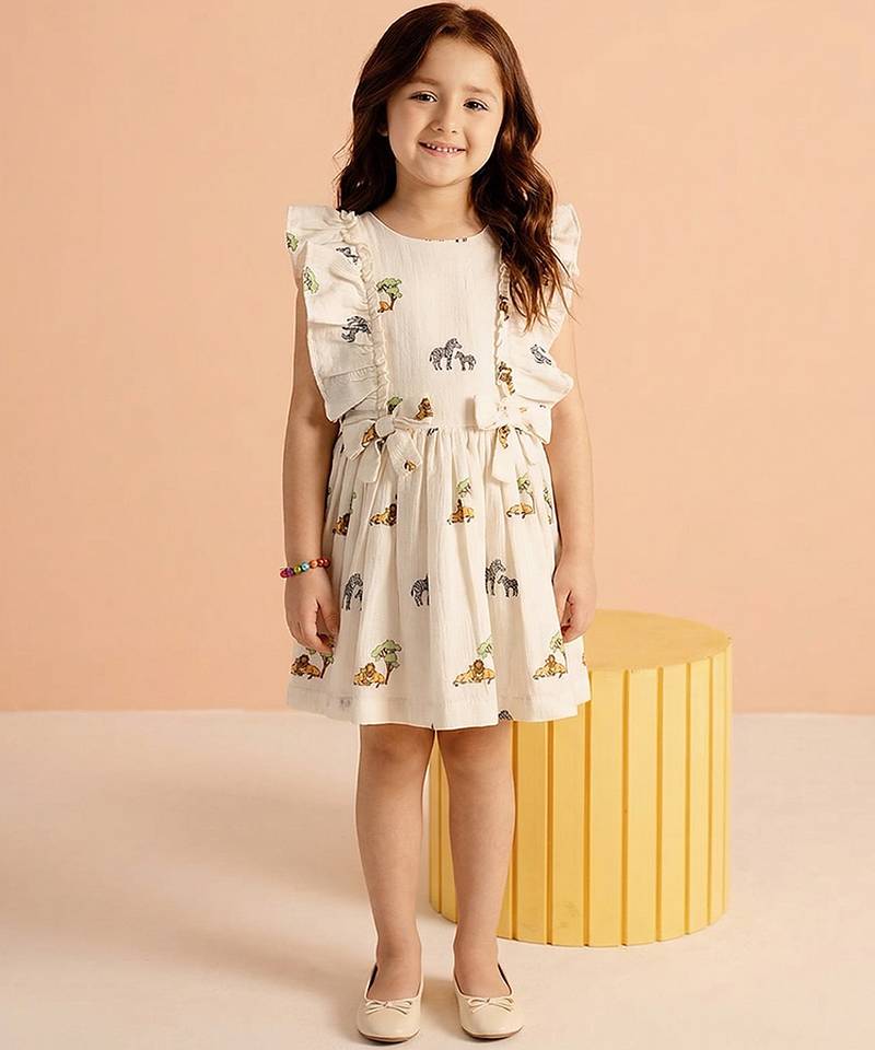 Off white lion safari printed cotton bow dress