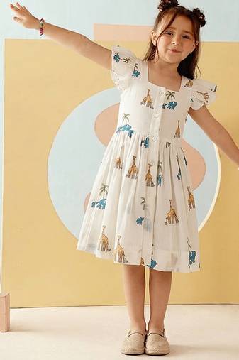 White printed cotton gathered dress