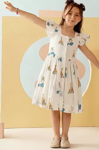 White printed cotton gathered dress