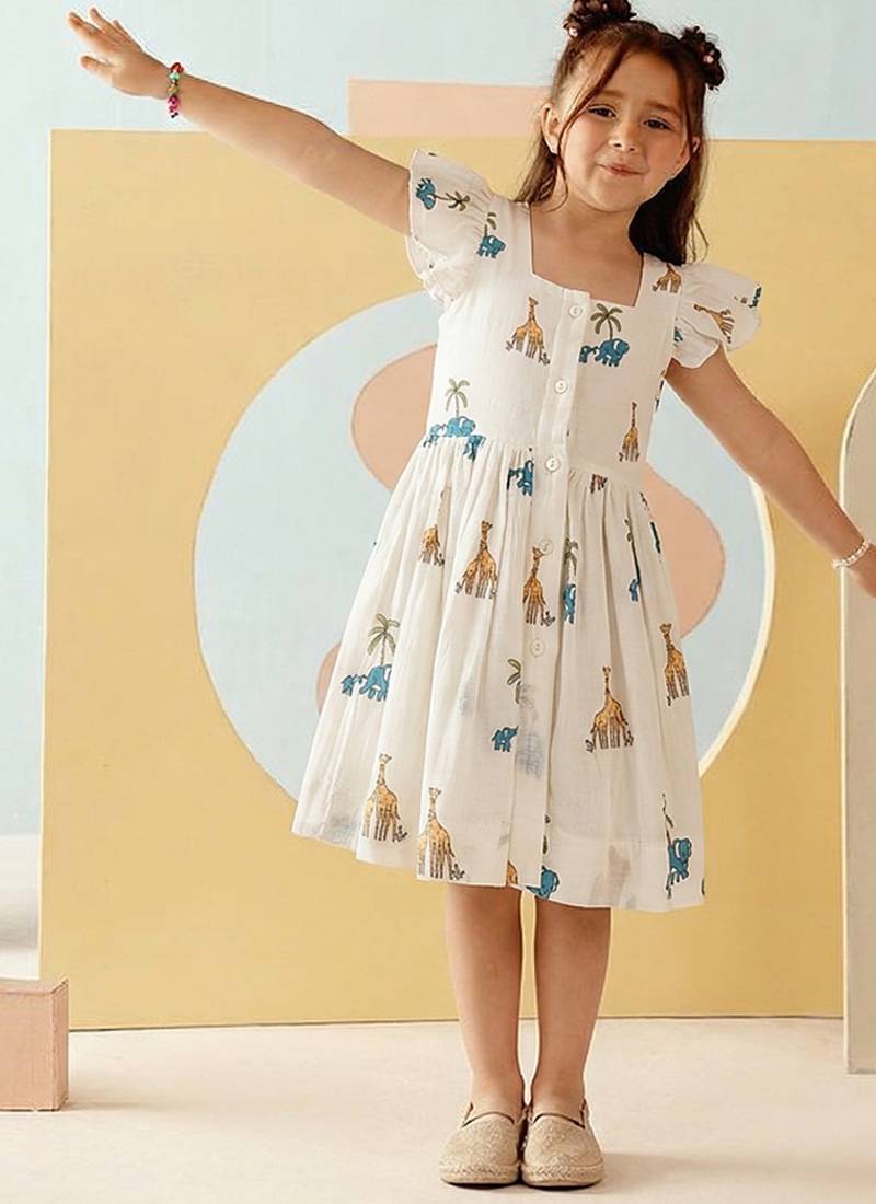 White printed cotton gathered dress