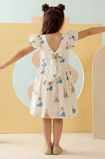 White printed cotton gathered dress