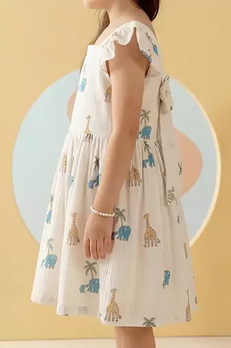 White printed cotton gathered dress