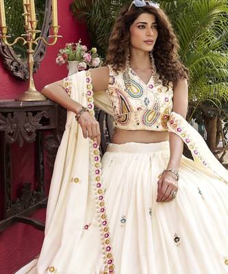 Off White Pure Vichitra silk lehenga choli featuring heavy embroidered paisley motifs, sequence work 3