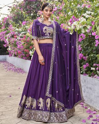 Wine Vichitra silk lehenga choli set featuring intricate elephant motif embroidery and sequin work 1