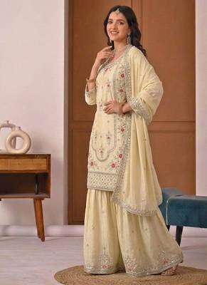 Off white  crep silk  party wear embroidery  sharara suit set 4