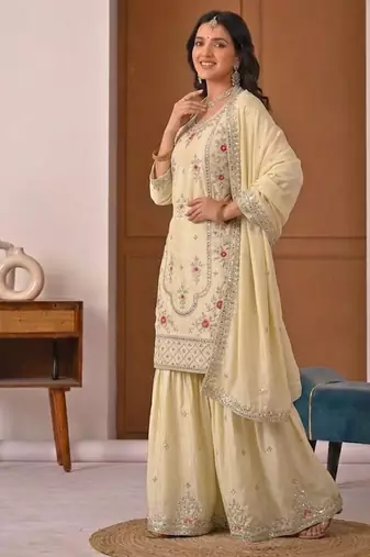 Off white  crep silk  party wear embroidery  sharara suit set