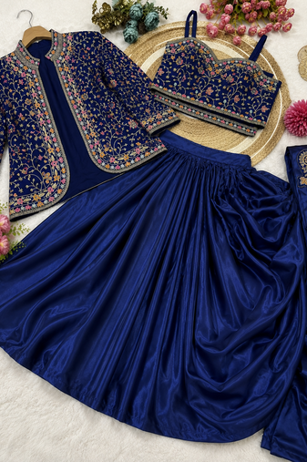 Royal Blue Color Embroidery Multi Thread And Sequence Work Satin Saree