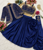 Royal Blue Color Embroidery Multi Thread And Sequence Work Satin Saree