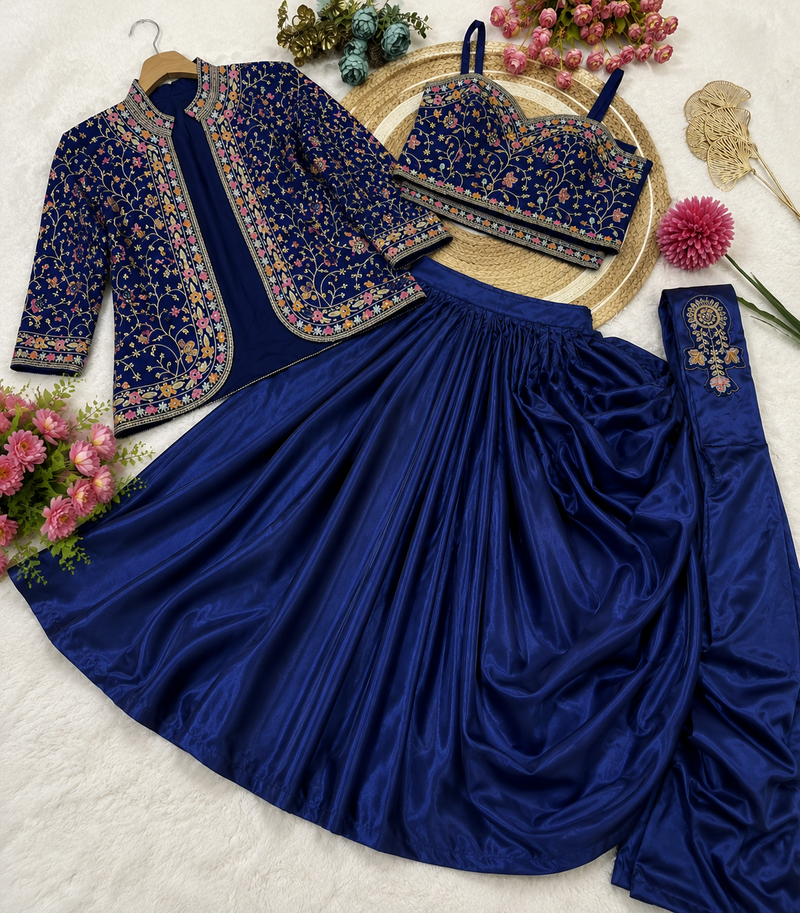 Royal Blue Color Embroidery Multi Thread And Sequence Work Satin Saree