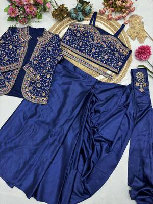 Royal Blue Color Embroidery Multi Thread And Sequence Work Satin Saree 2