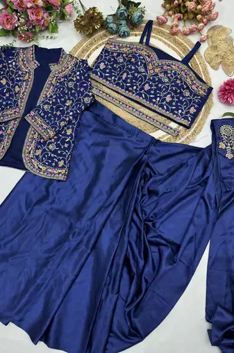 Royal Blue Color Embroidery Multi Thread And Sequence Work Satin Saree