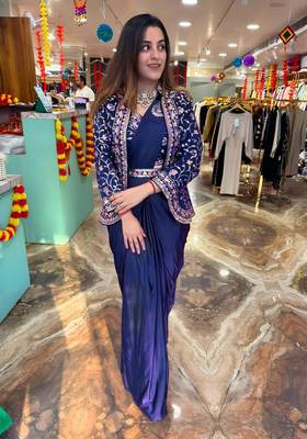 Royal Blue Color Embroidery Multi Thread And Sequence Work Satin Saree 3