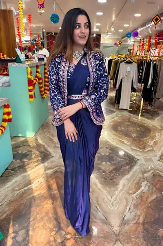Royal Blue Color Embroidery Multi Thread And Sequence Work Satin Saree
