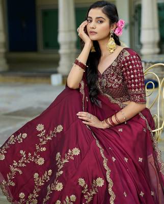 Magenta Vichitra silk lehenga choli set featuring intricate sequins and thread embroidery 4