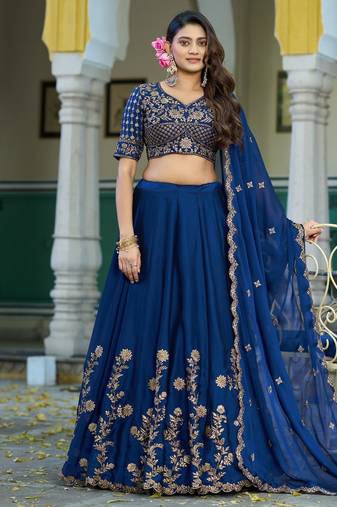 Blue Vichitra silk lehenga choli set featuring intricate sequins and thread embroidery