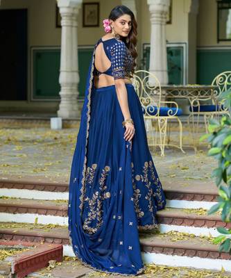 Blue Vichitra silk lehenga choli set featuring intricate sequins and thread embroidery 2