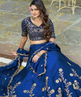 Blue Vichitra silk lehenga choli set featuring intricate sequins and thread embroidery 4