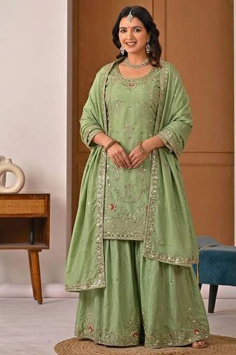 Green crep silk  party wear embroidery  sharara suit set