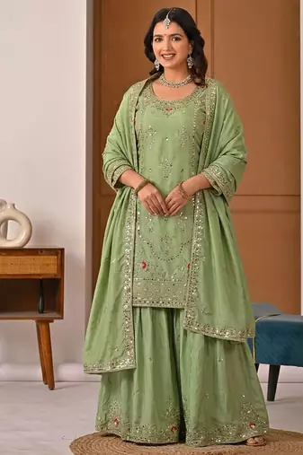 Green crep silk  party wear embroidery  sharara suit set