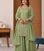 Green crep silk  party wear embroidery  sharara suit set