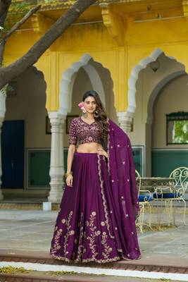 Wine Vichitra silk lehenga choli set featuring intricate sequins and thread embroidery 1