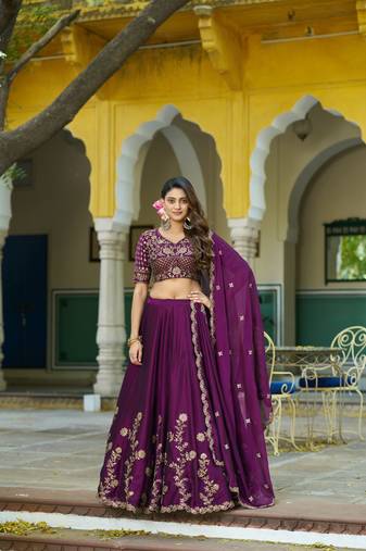 Wine Vichitra silk lehenga choli set featuring intricate sequins and thread embroidery