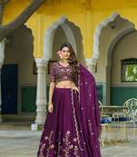 Wine Vichitra silk lehenga choli set featuring intricate sequins and thread embroidery