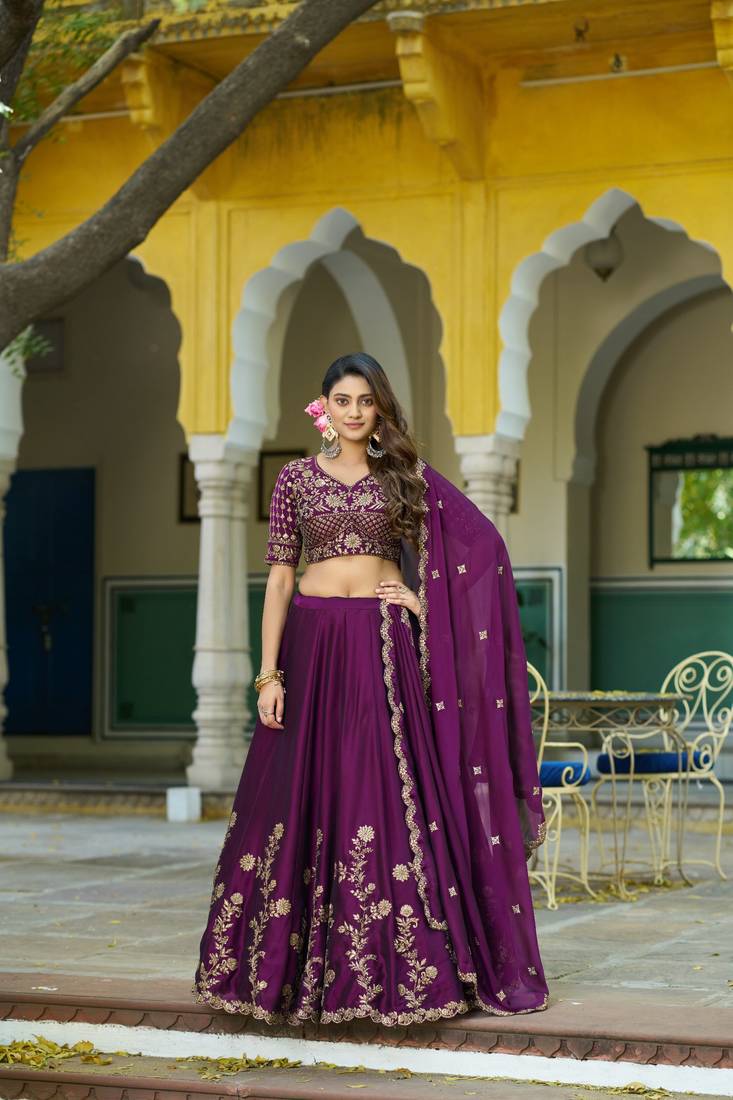 Wine Vichitra silk lehenga choli set featuring intricate sequins and thread embroidery