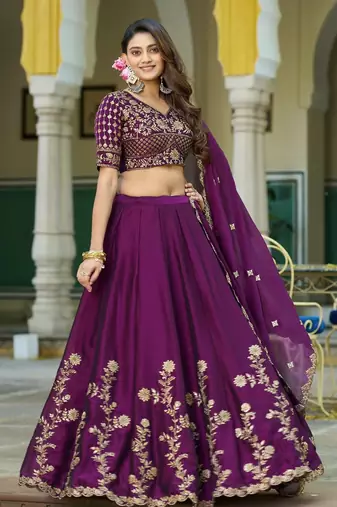 Wine Vichitra silk lehenga choli set featuring intricate sequins and thread embroidery