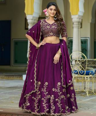 Wine Vichitra silk lehenga choli set featuring intricate sequins and thread embroidery 3