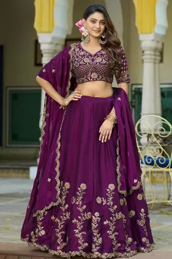 Wine Vichitra silk lehenga choli set featuring intricate sequins and thread embroidery