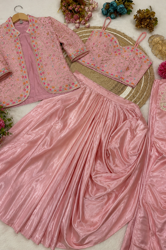 Light Pink Color Embroidery Multi Thread And Sequence Work Satin Saree