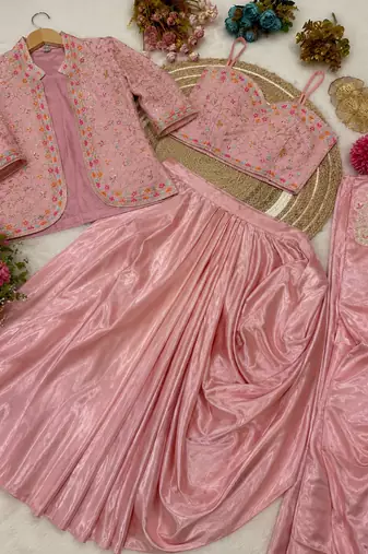 Light Pink Color Embroidery Multi Thread And Sequence Work Satin Saree