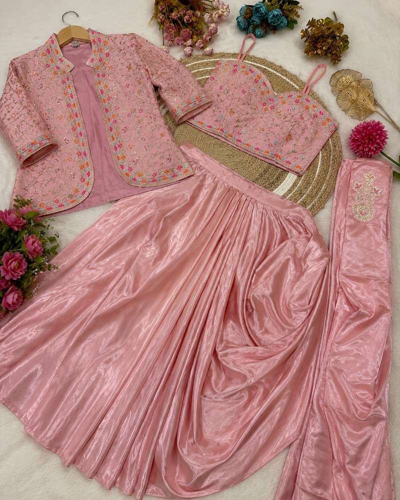 Light Pink Color Embroidery Multi Thread And Sequence Work Satin Saree