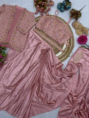 Light Pink Color Embroidery Multi Thread And Sequence Work Satin Saree 2