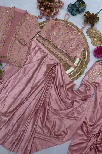 Light Pink Color Embroidery Multi Thread And Sequence Work Satin Saree