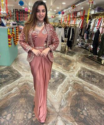 Light Pink Color Embroidery Multi Thread And Sequence Work Satin Saree 3